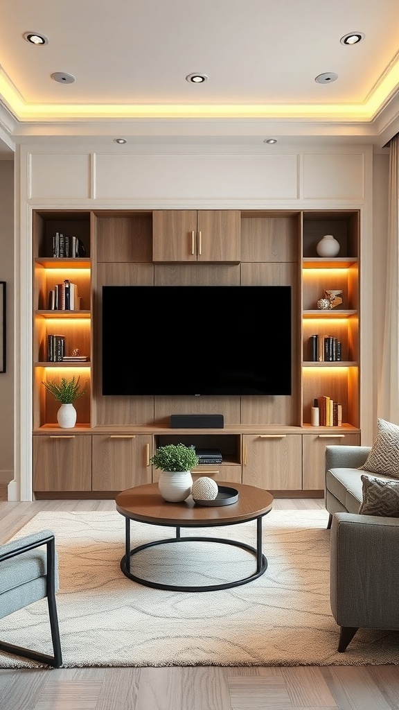 Living room with a multifunctional TV unit and warm lighting