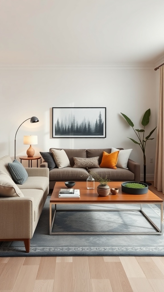 A cozy living room with a neutral sofa and stylish decor, showcasing multipurpose furniture.