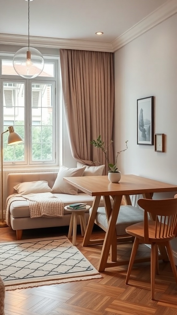 A cozy, small living area featuring a multifunctional sofa, wooden table, and stylish decor.