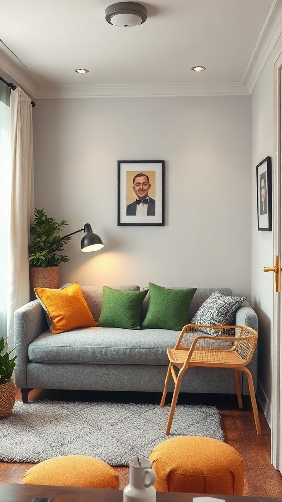A cozy tiny room featuring a grey sofa with colorful cushions, a wooden chair, and potted plants, showcasing multipurpose furniture solutions.