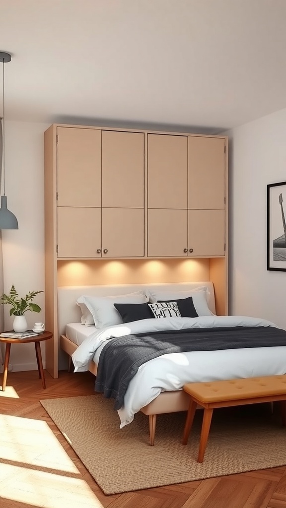 A modern Murphy bed in a cozy bedroom, showcasing a stylish cabinet design.