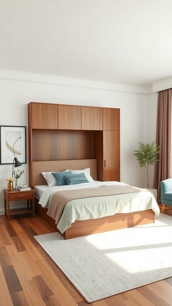Modern bedroom featuring a neatly tucked Murphy bed, with warm wood tones and cozy bedding.