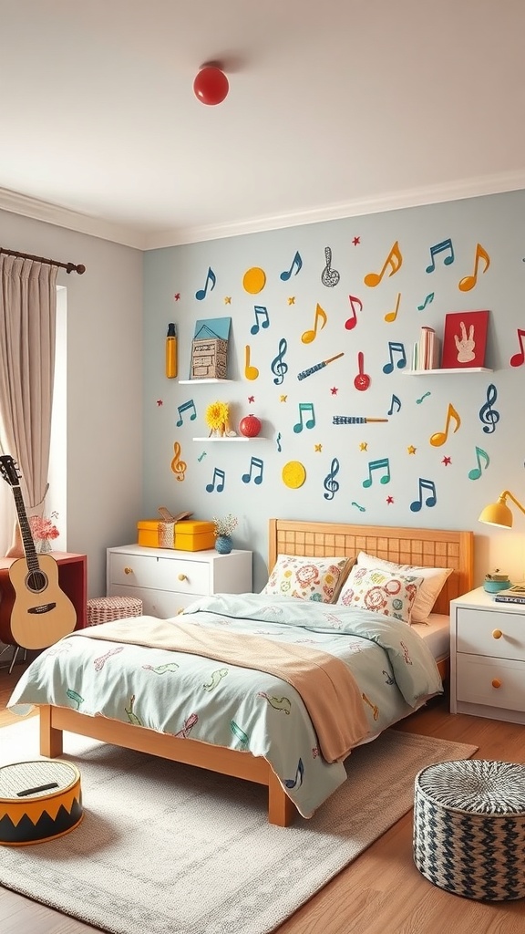 A children's room decorated with musical notes and instruments, featuring a cozy bed, guitar, and colorful accents.