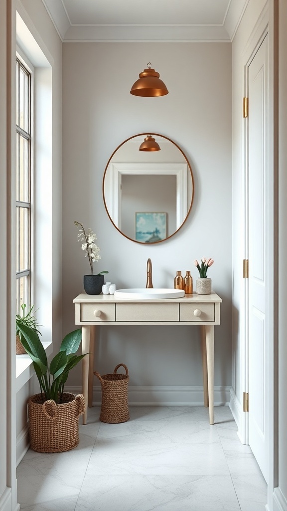 A narrow console vanity in a well-lit hallway with a round mirror and plants