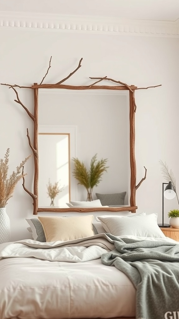 A mirror framed with natural branches and twigs, placed above a bed with soft pillows and a cozy blanket.