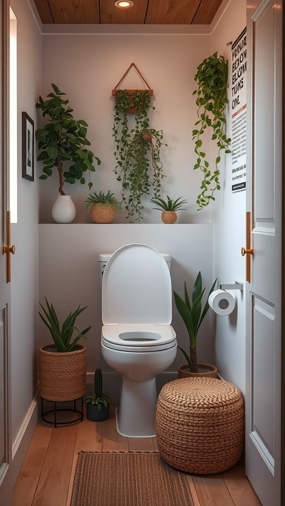A small toilet room decorated with various plants, a white toilet, and natural textures.