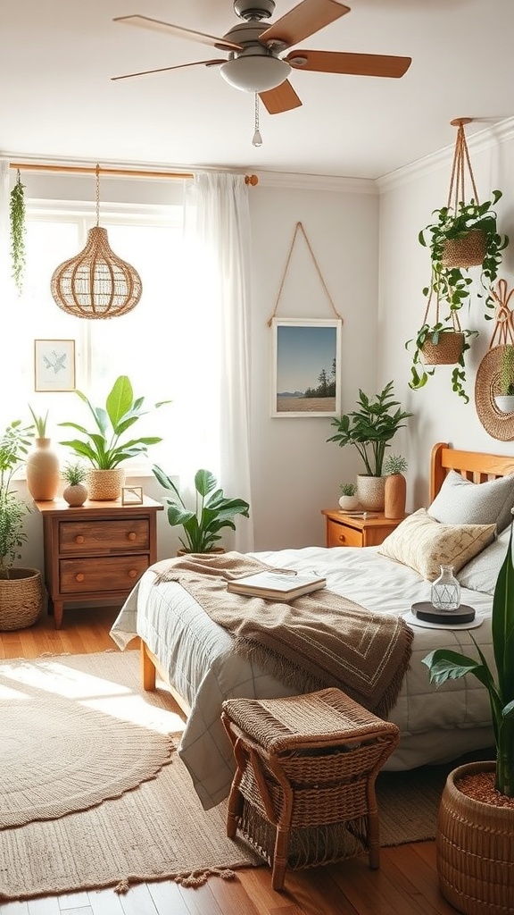 A cozy boho bedroom featuring plants, natural materials, and soft textures.