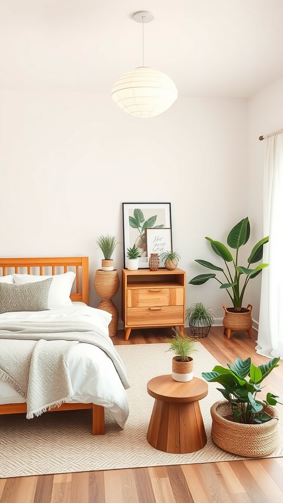 A warm bedroom featuring wooden furniture, plants, and natural textures.