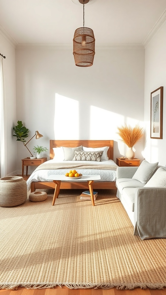 A cozy bedroom featuring a natural fiber rug, wooden furniture, and soft lighting.
