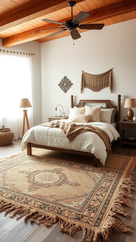 A cozy western bedroom featuring a natural fiber rug, wooden ceiling, and warm decor.
