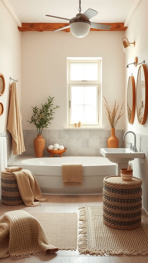 A rustic bathroom featuring natural fiber textiles, including woven rugs, towels, and a cozy blanket, with earthy decor elements.