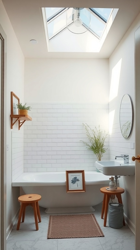A tiny full bathroom featuring a skylight, white tiles, and minimalist decor.