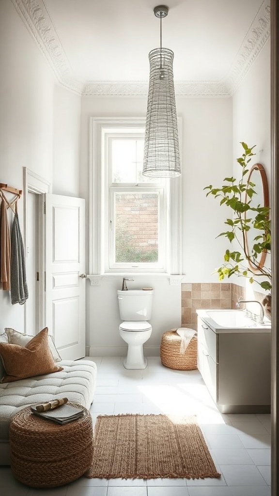 A bright, airy ensuite bathroom with natural light, featuring a large window, plants, and minimalist decor.