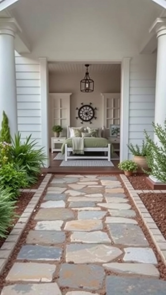 Natural stone pathway leading to a welcoming entrance surrounded by greenery.