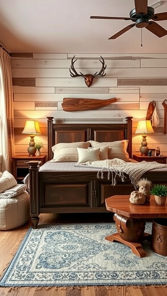A cozy western bedroom featuring wooden accents, antlers, and warm lighting.