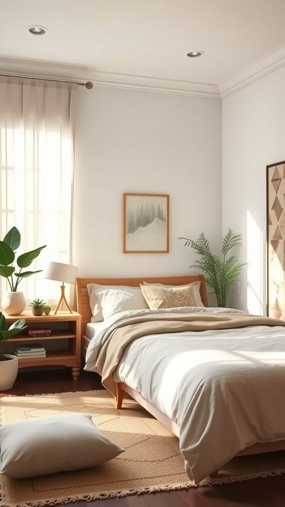 A serene prayer room with natural elements, featuring plants, soft colors, and natural light.
