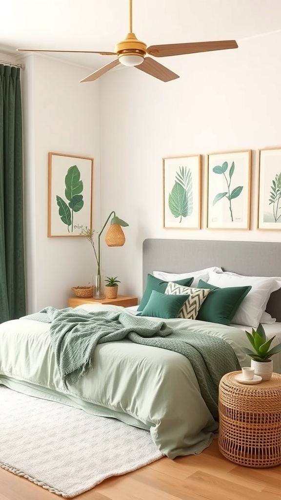 A cozy bedroom featuring nature-inspired green decor, including mint green bedding, dark green curtains, and leafy artwork.