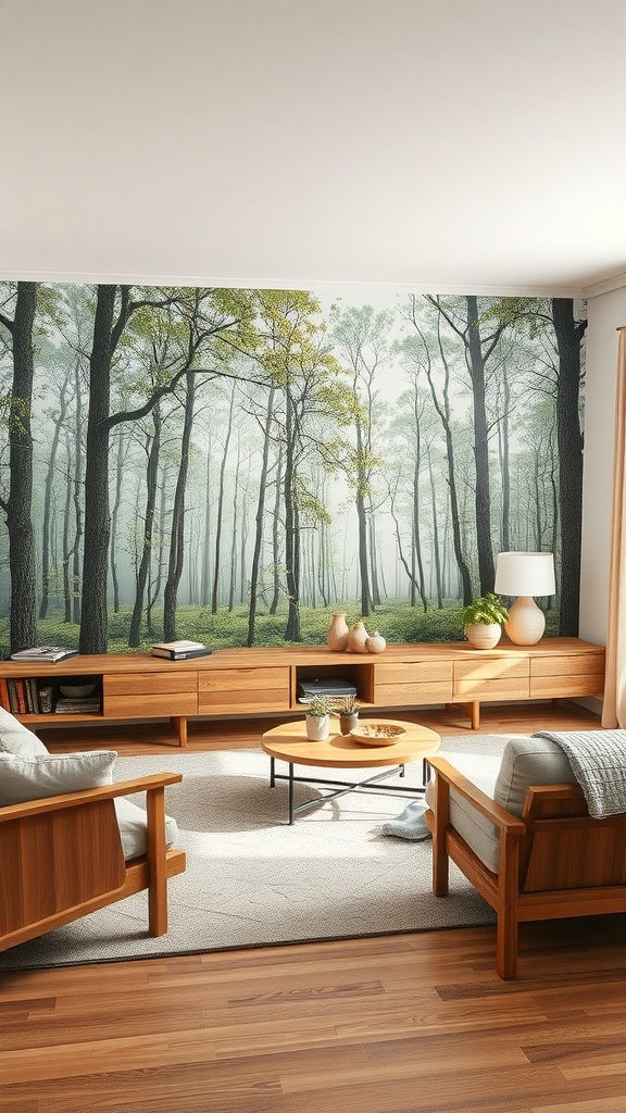 Living room with a nature-inspired mural of a misty forest, featuring wooden furniture and a cozy atmosphere.
