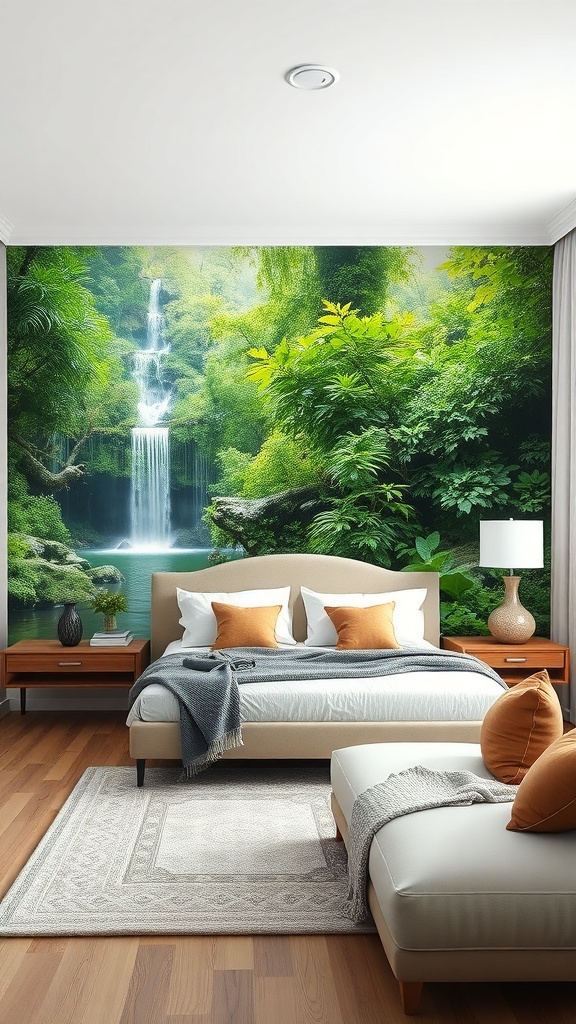 A serene bedroom featuring a nature-inspired mural of a waterfall and lush greenery.