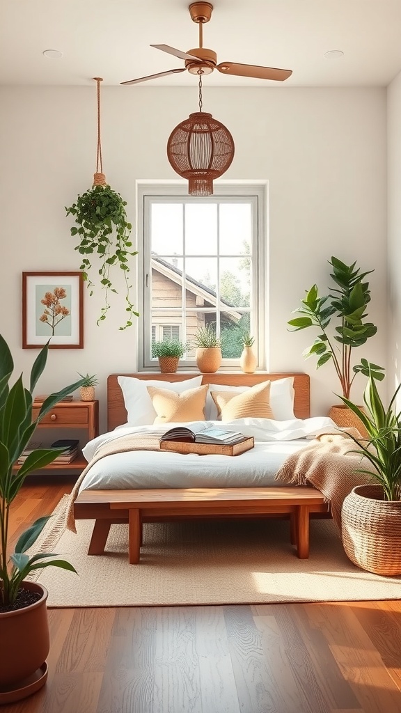 A cozy bedroom featuring a wooden bed, indoor plants, and natural light.