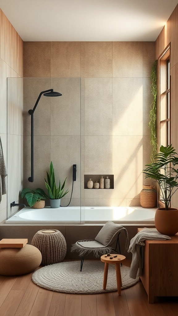 A nature-inspired shower room featuring a modern design with natural elements, plants, and warm tones.