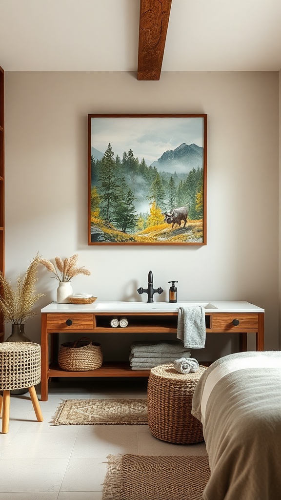 A rustic bathroom featuring nature-inspired wall art of mountains and trees.