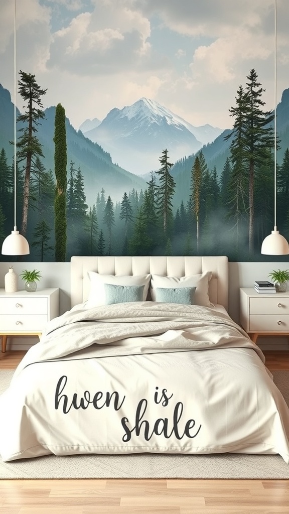 A calming mountain landscape wallpaper featuring trees and misty mountains in a cozy bedroom setting.