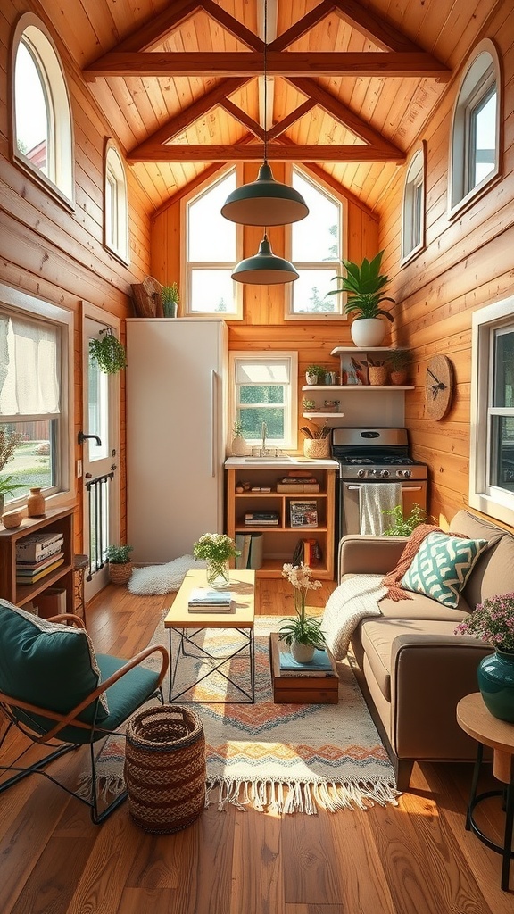 Cozy interior of a tiny house with wooden decor and a warm atmosphere