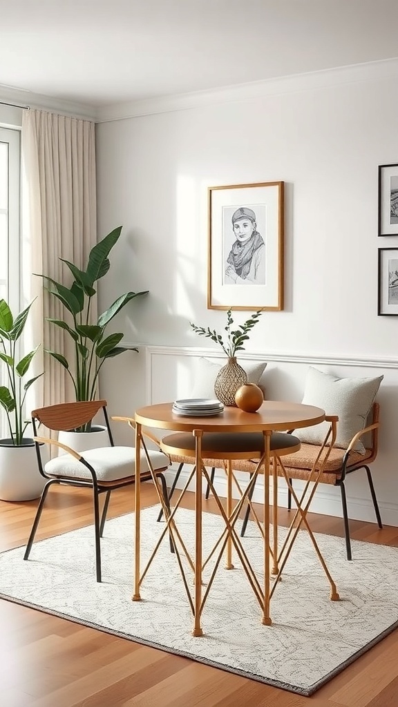 A cozy dining area featuring a round nestable dining table and stylish chairs.