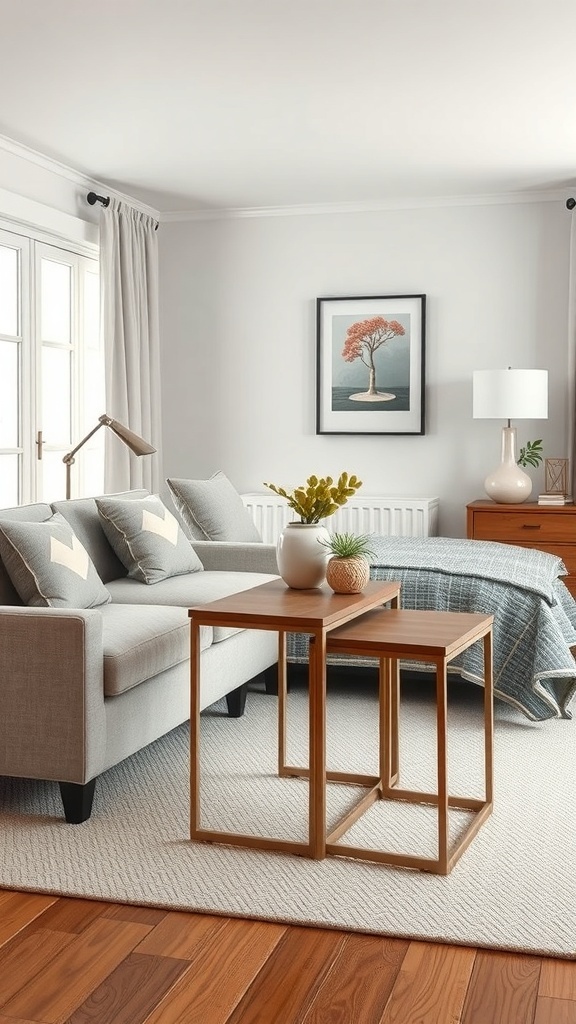 A cozy bedroom with nesting tables next to a grey sofa and a decorative plant.