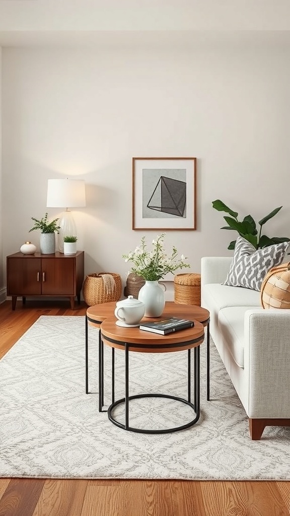 Nesting tables in a cozy living room setting, with a sofa and decorative elements.