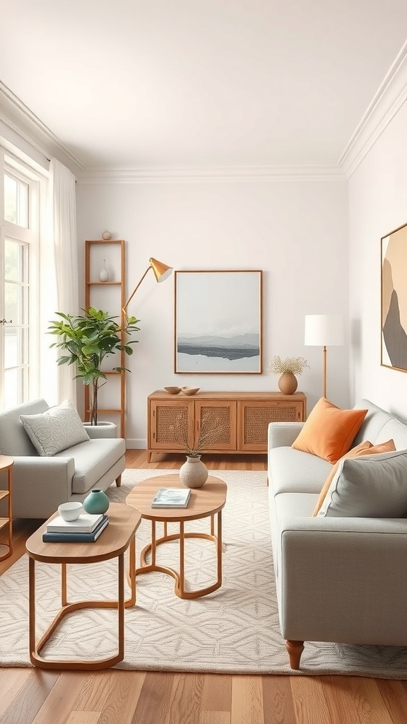 A cozy living room featuring stylish nesting tables, a comfortable sofa, and modern decor.