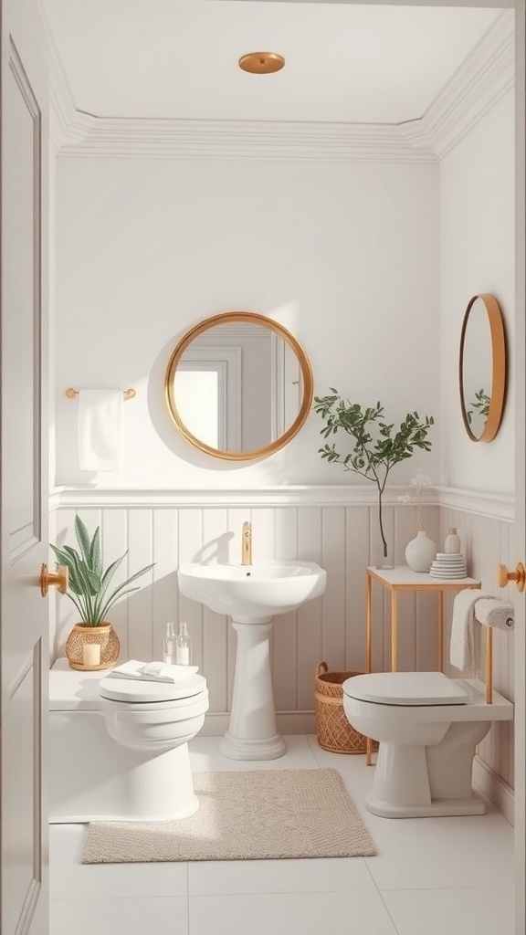 A stylish tiny powder room featuring a neutral color palette with plants and gold accents.