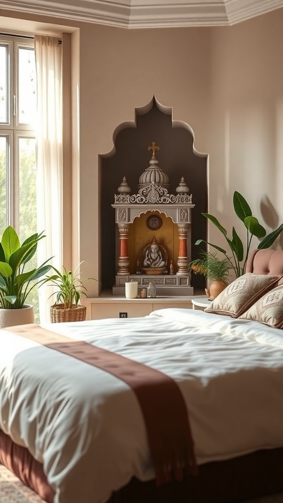 A cozy bedroom with a corner mandir, featuring intricate designs and surrounded by plants.