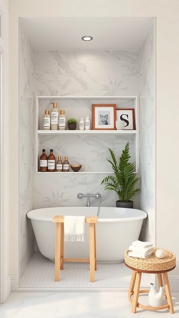 A cozy bathroom featuring niche shelving in a shower area, with a bathtub and neatly arranged items.
