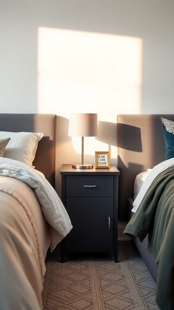A stylish nightstand with a built-in charging station between two beds, featuring a lamp and a decorative item.