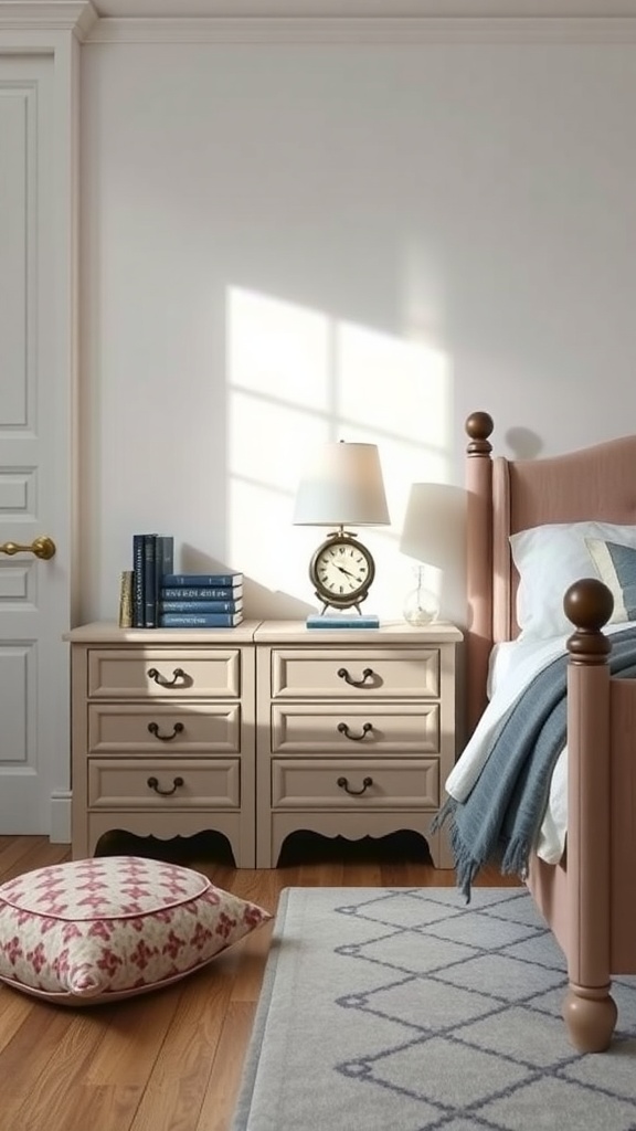A cozy bedroom featuring a nightstand with drawers, a lamp, and books.