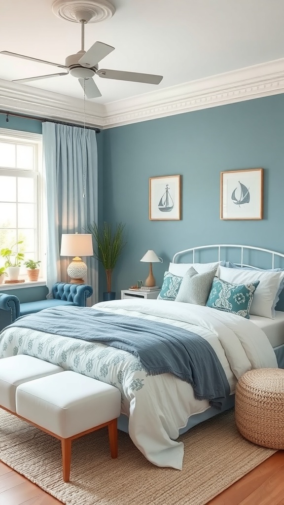 A serene bedroom featuring ocean-inspired teal walls, white bedding, and cozy decor.