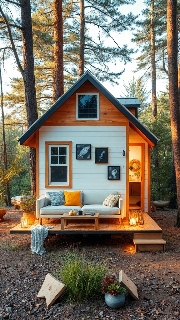 A charming tiny house on wheels, surrounded by tall trees, with a cozy porch and welcoming decor.