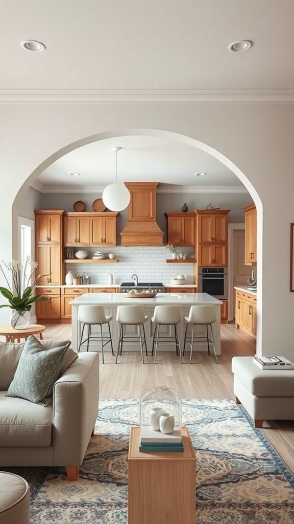 An open kitchen with an archway connecting it to the living room, featuring wooden cabinets and modern design.