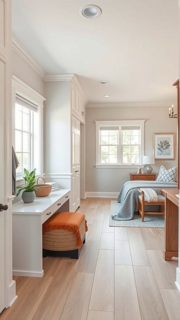 A bright open concept mudroom with a bench, storage, and natural light.