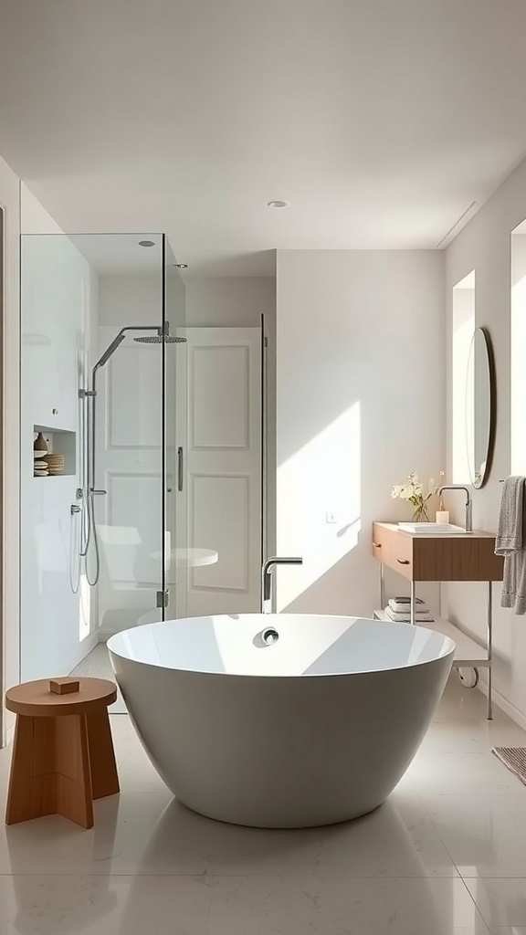 A modern bathroom featuring an open concept shower area with a glass enclosure, a freestanding tub, and natural light.