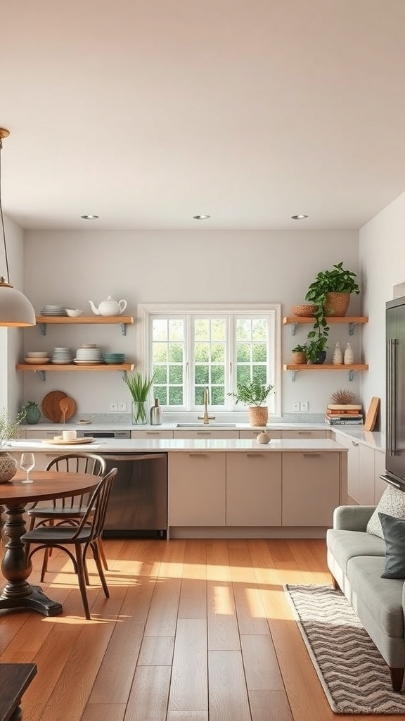 A cozy kitchen featuring open shelving used as a partition with dishware and plants displayed.