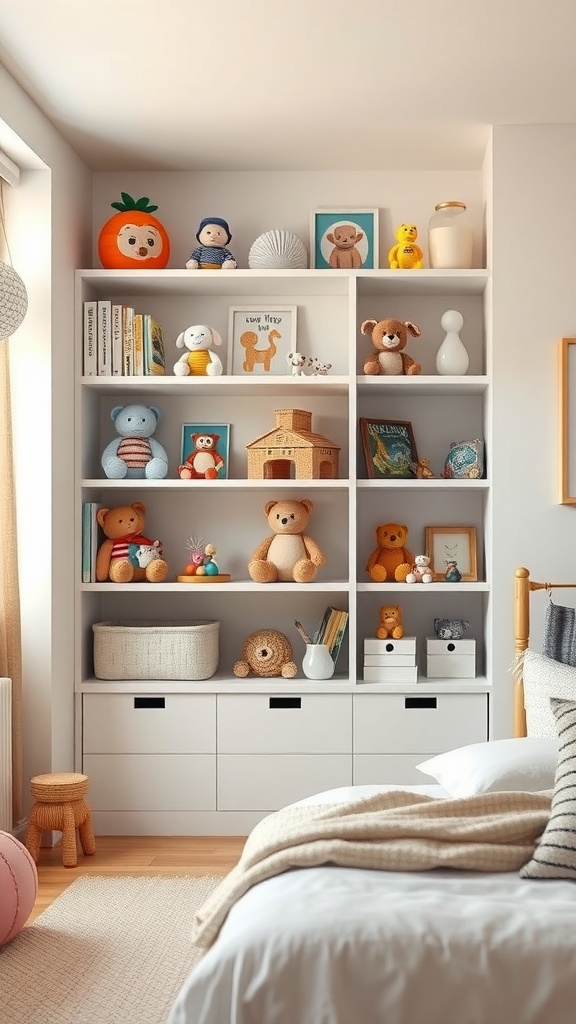 A bright room with open shelving displaying various plush toys and decorative items.