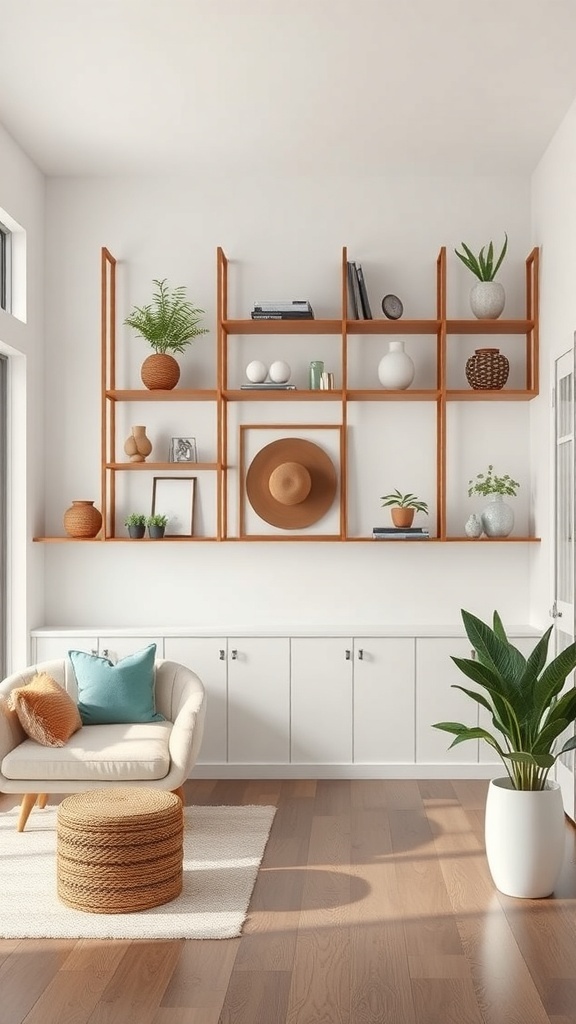 Open shelving divider in a bright foyer with plants and decorative items