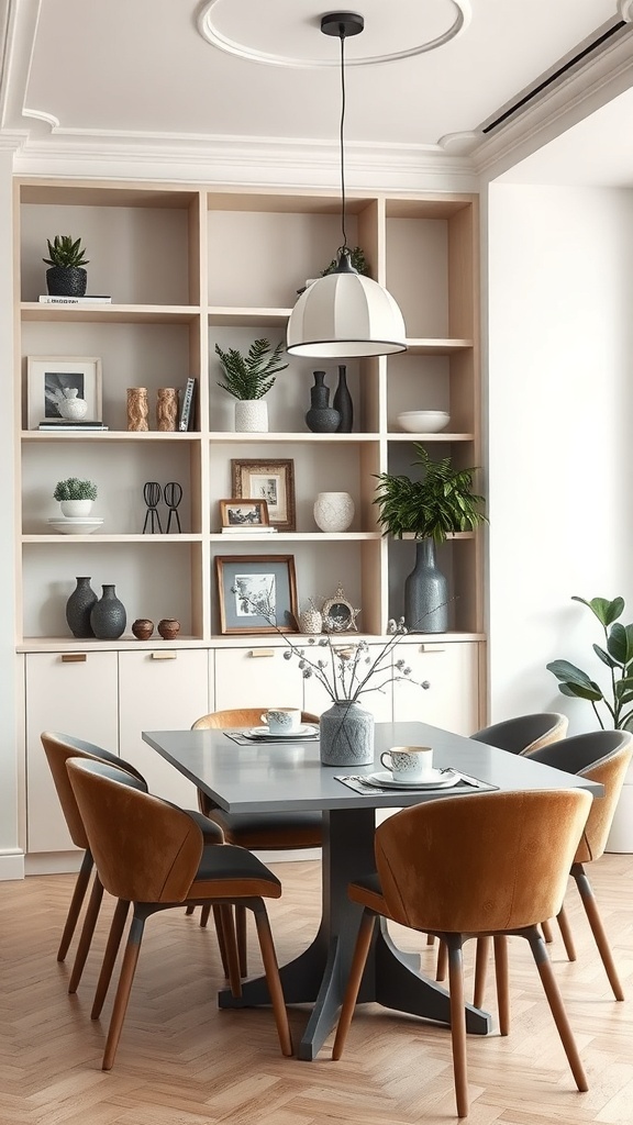 A modern dining area with open shelving, featuring decorative items and a stylish light fixture.
