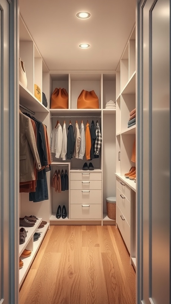 A modern narrow walk-in closet featuring open shelving for clothes and shoes.