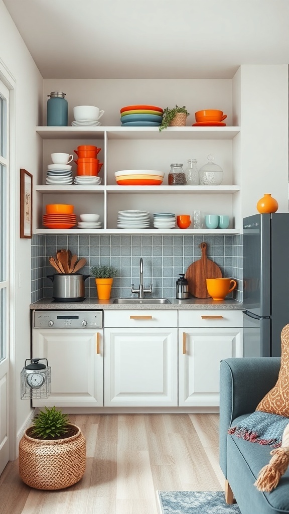 Tiny kitchenette with open shelving displaying colorful dishware and kitchen accessories.