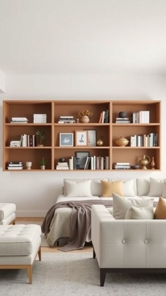 A modern living room featuring an open shelving unit with books and decor, complemented by light-colored furniture.