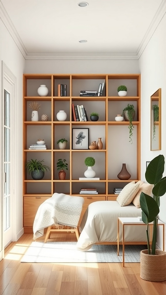 A cozy room featuring an open shelving unit filled with books and decorative items, creating a space division.